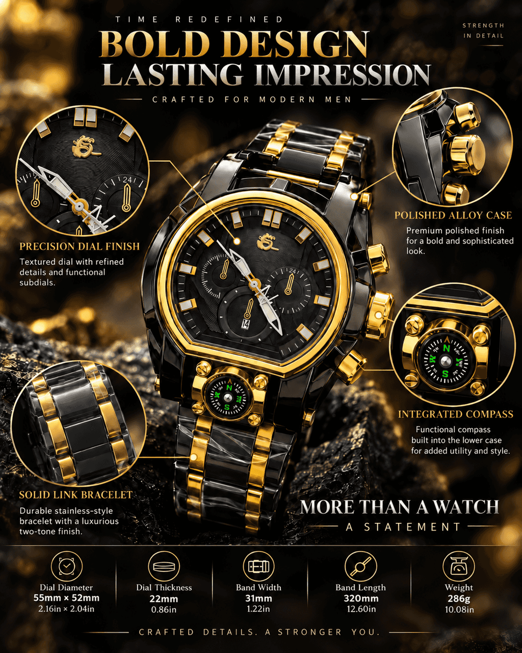Men's Watch Oversized Guide Ball Unique Shaped Punk Design Street Fashion Timepiece in Stylish Gift Box Perfect Gift Quartz Wristwatch