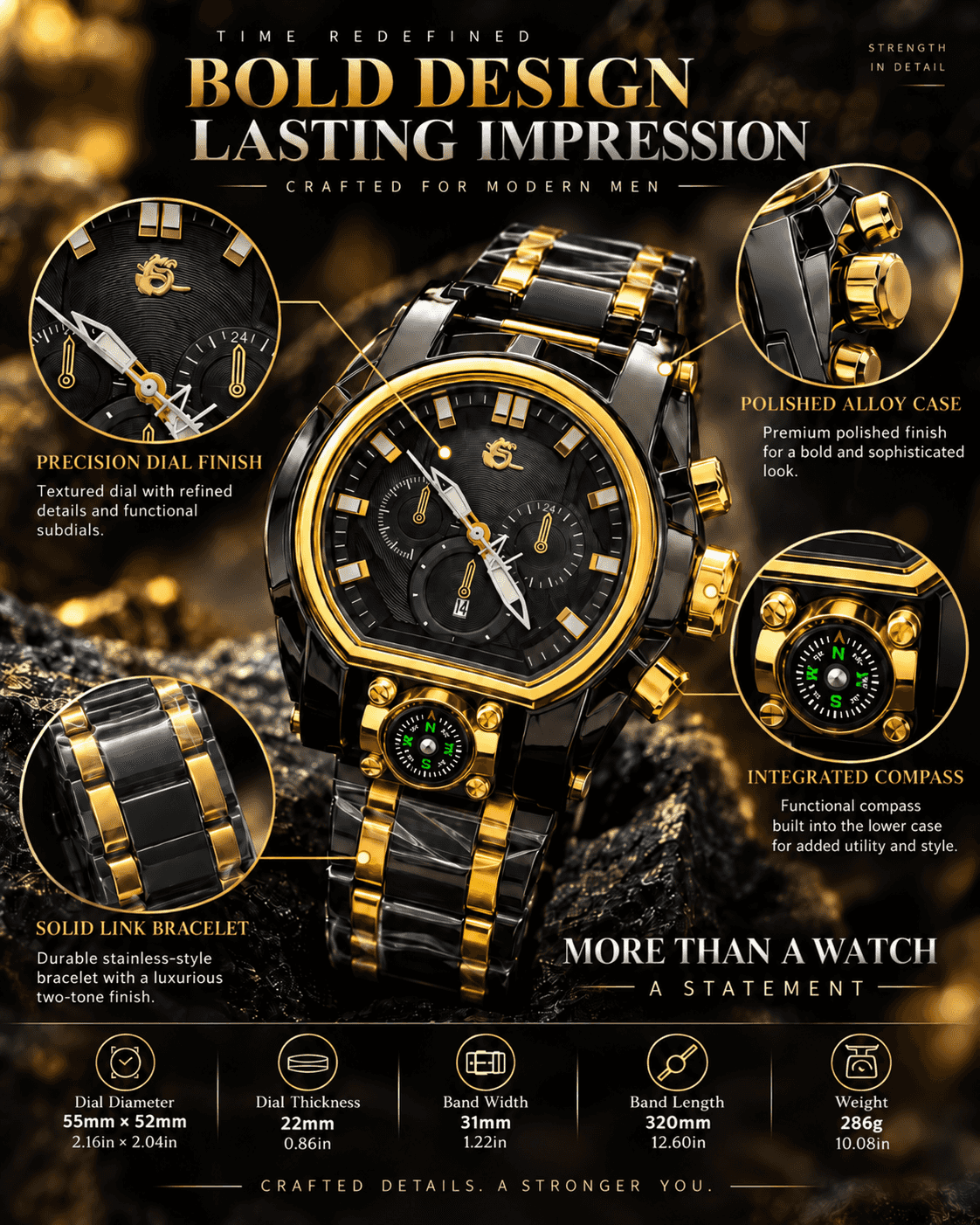 Men's Watch Oversized Guide Ball Unique Shaped Punk Design Street Fashion Timepiece in Stylish Gift Box Perfect Gift Quartz Wristwatch