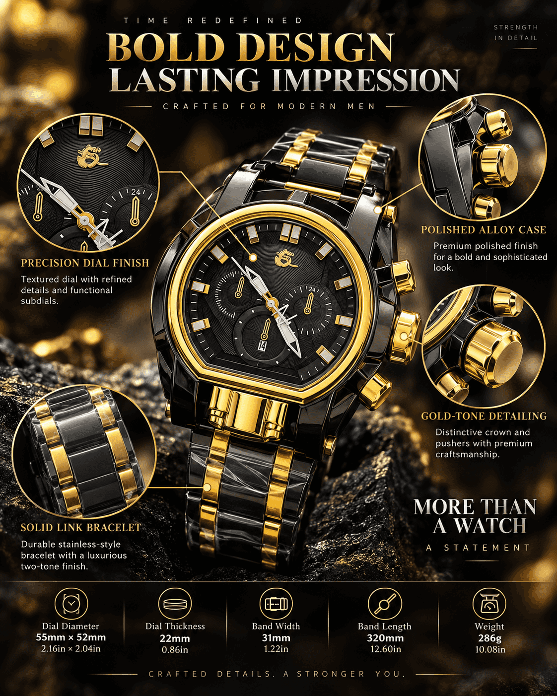 Men's Watch Oversized Guide Ball Unique Shaped Punk Design Street Fashion Timepiece in Stylish Gift Box Perfect Gift Quartz Wristwatch