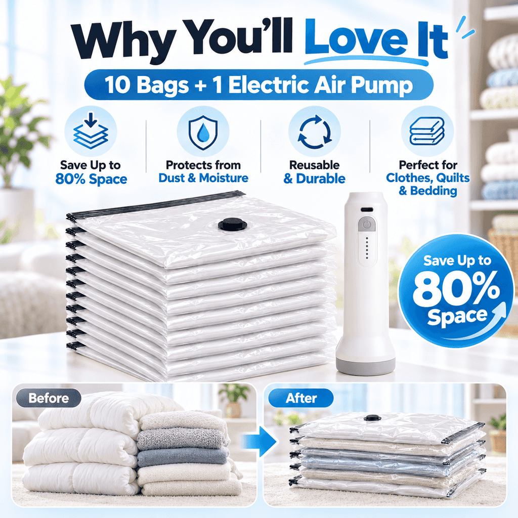 10-Pack Vacuum Storage Bag Set with Cordless Electric Air Pump – Rechargeable Fast Compression, Reusable Airtight Space-Saving Bags for Travel, Luggage & Home