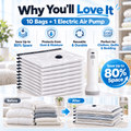 10-Pack Vacuum Storage Bag Set with Cordless Electric Air Pump – Rechargeable Fast Compression, Reusable Airtight Space-Saving Bags for Travel, Luggage & Home