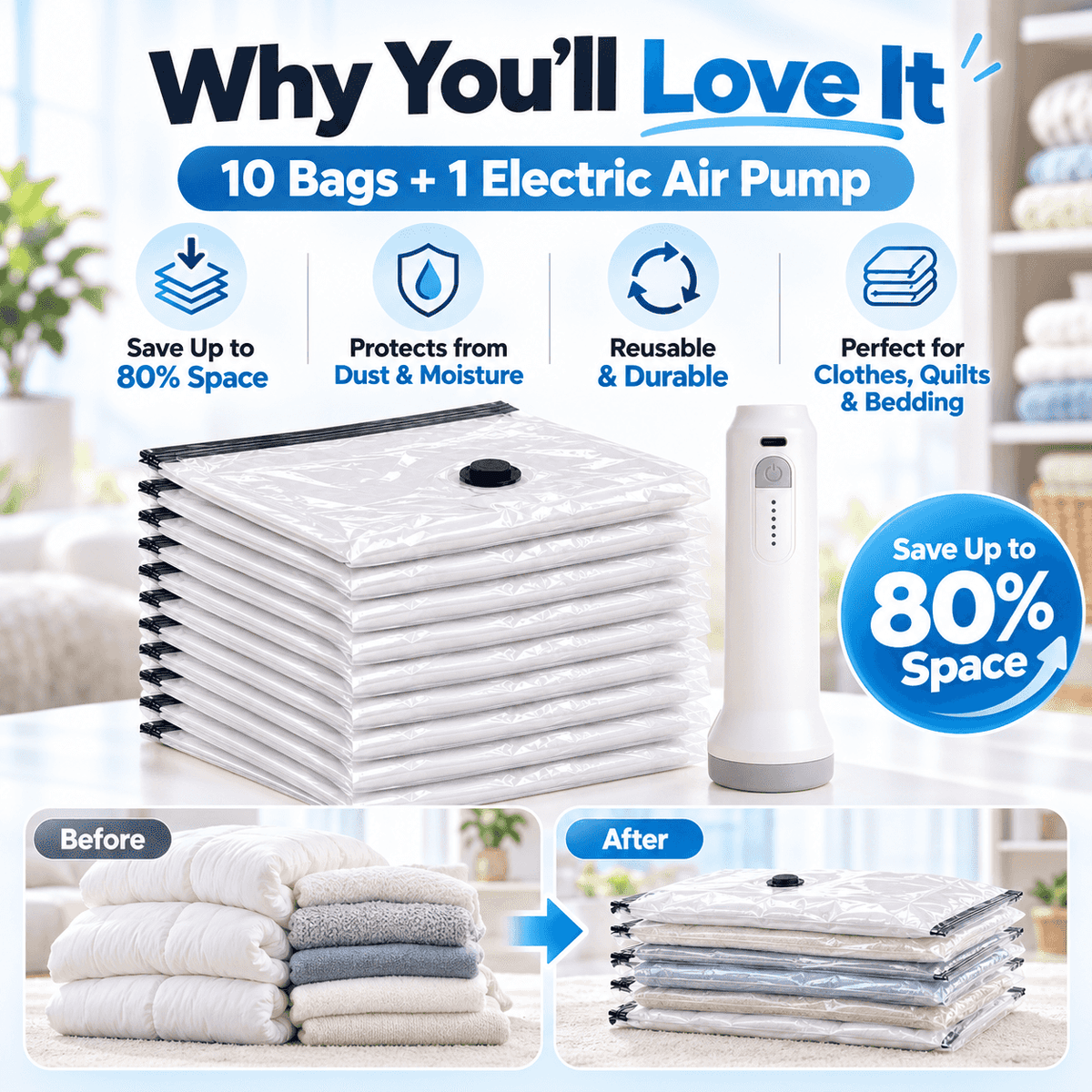 10-Pack Vacuum Storage Bag Set with Cordless Electric Air Pump – Rechargeable Fast Compression, Reusable Airtight Space-Saving Bags for Travel, Luggage & Home