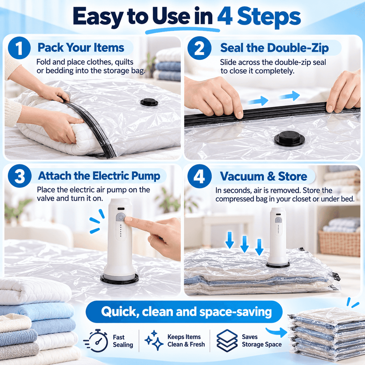 10-Pack Vacuum Storage Bag Set with Cordless Electric Air Pump – Rechargeable Fast Compression, Reusable Airtight Space-Saving Bags for Travel, Luggage & Home