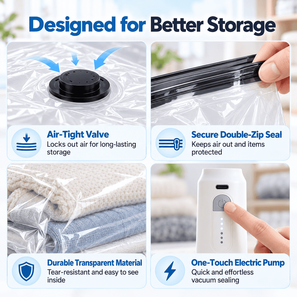 10-Pack Vacuum Storage Bag Set with Cordless Electric Air Pump – Rechargeable Fast Compression, Reusable Airtight Space-Saving Bags for Travel, Luggage & Home