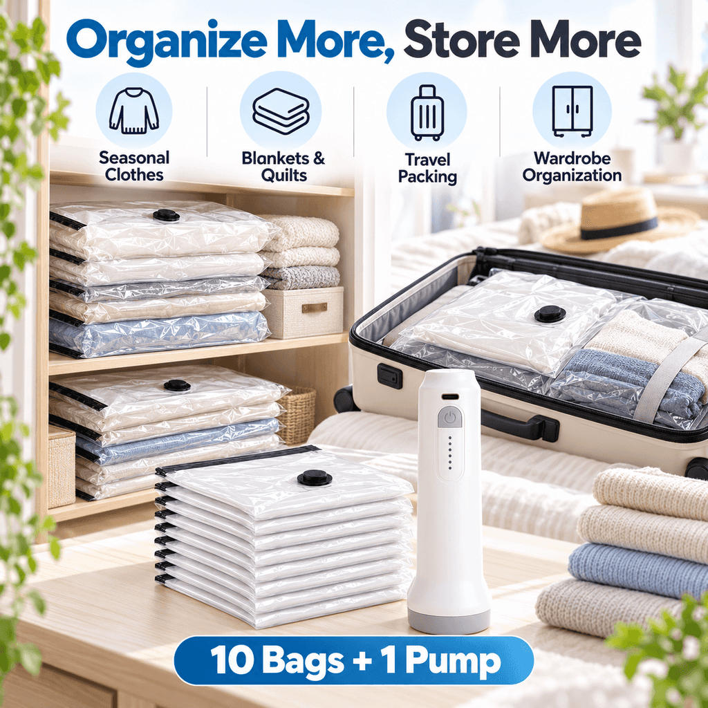 10-Pack Vacuum Storage Bag Set with Cordless Electric Air Pump – Rechargeable Fast Compression, Reusable Airtight Space-Saving Bags for Travel, Luggage & Home