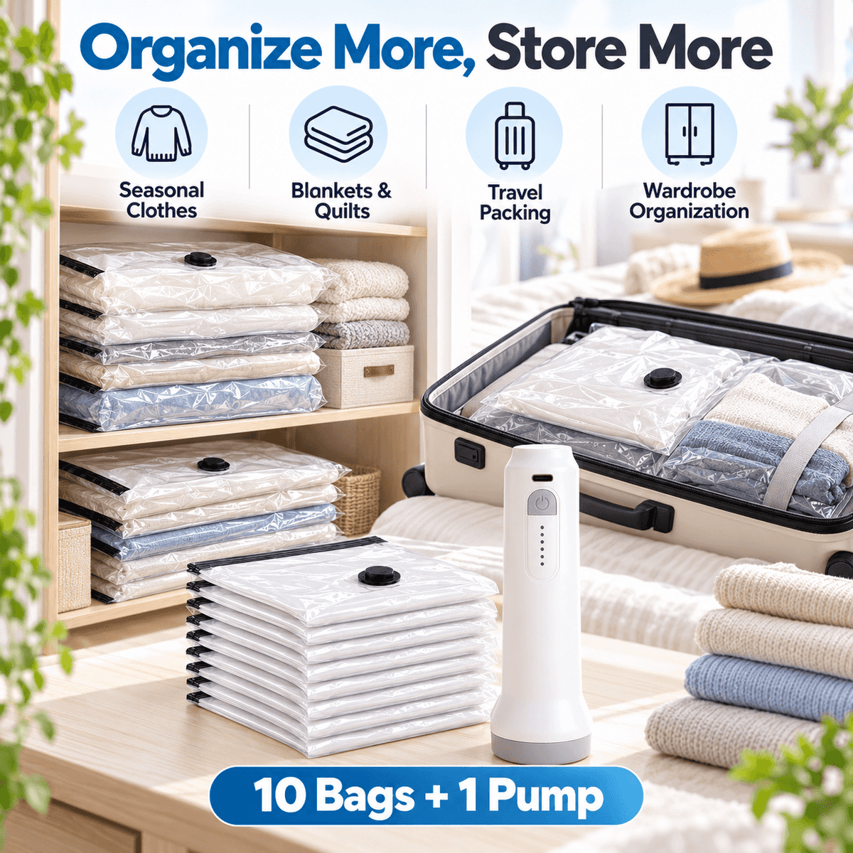 10-Pack Vacuum Storage Bag Set with Cordless Electric Air Pump – Rechargeable Fast Compression, Reusable Airtight Space-Saving Bags for Travel, Luggage & Home