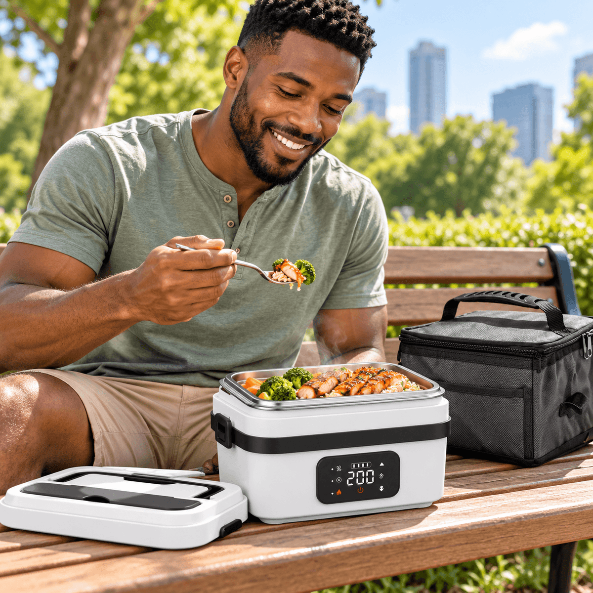 Cordless Heated Lunch Box - Thermal Lunch Box for Adults, Leakproof Insulated Lunchbox, Non-Toxic Stainless Steel, ABS, 12000mAh Battery, 220°F Max Warmer, Lid, Fork, Portable for Office/Car, Dishwasher Safe