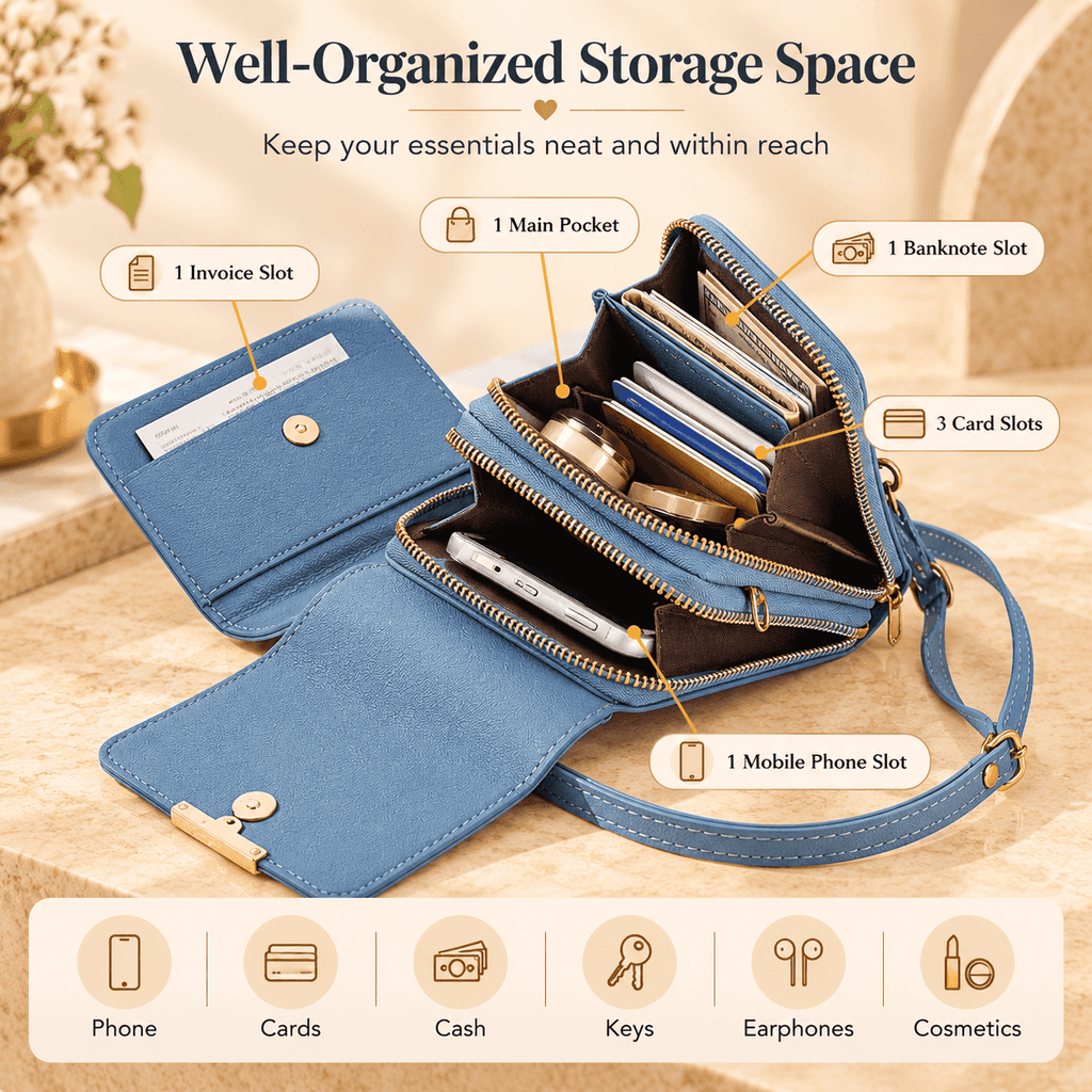Touchscreen Sensitive Phone Bag with Multiple Colors, Use Phone Without Taking It Out, Clear Window Crossbody Purse with 3 Card Slots & Secure Dual Zipper Wallet