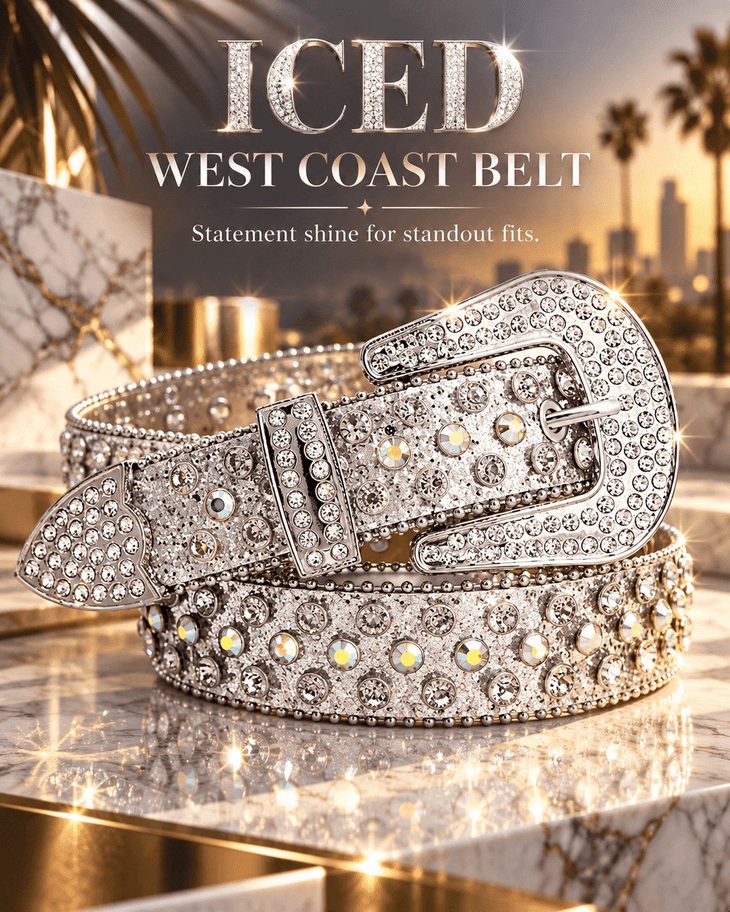 JASGOOD Men’s Rhinestone Belt, 41.34in Bling Studded Leather Waist Belt with Diamond Buckle for Jeans & Streetwear