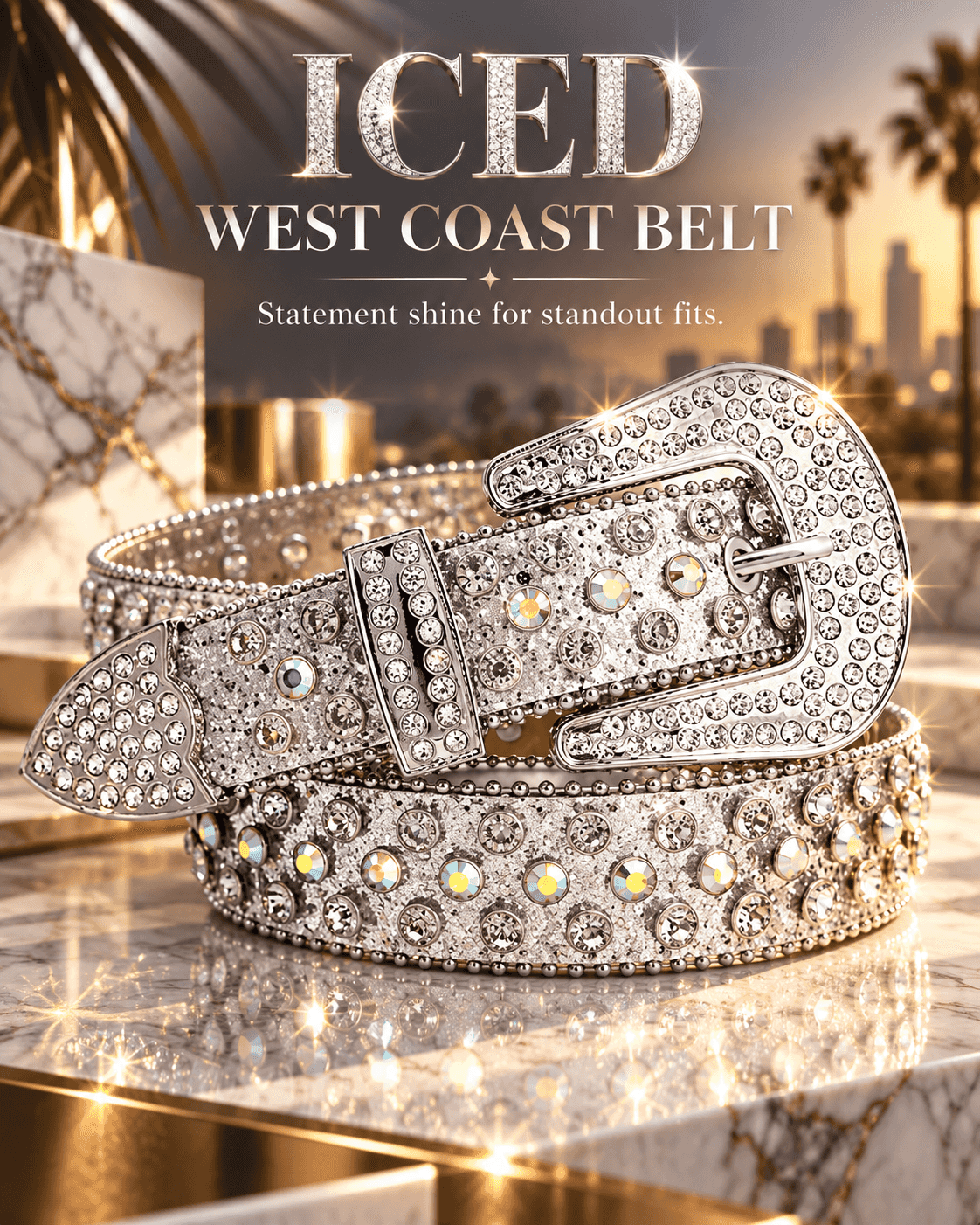 JASGOOD Men’s Rhinestone Belt, 41.34in Bling Studded Leather Waist Belt with Diamond Buckle for Jeans & Streetwear
