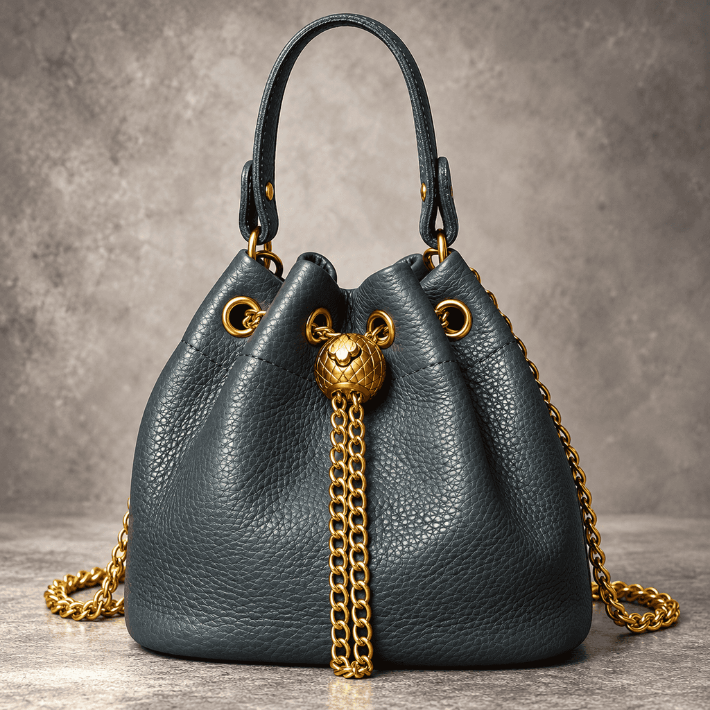 Women's Genuine First-Layer Cowhide Mini Bucket Bag - Gold Accent Hardware, Detachable Chain-Studded Strap, Crossbody/Shoulder Purse, Sleek Look, Fits Lipstick+Wallet, Multifunctional Multi-Way Fashion Accessory (Mini Things for Women)
