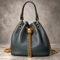Women's Genuine First-Layer Cowhide Mini Bucket Bag - Gold Accent Hardware, Detachable Chain-Studded Strap, Crossbody/Shoulder Purse, Sleek Look, Fits Lipstick+Wallet, Multifunctional Multi-Way Fashion Accessory (Mini Things for Women)