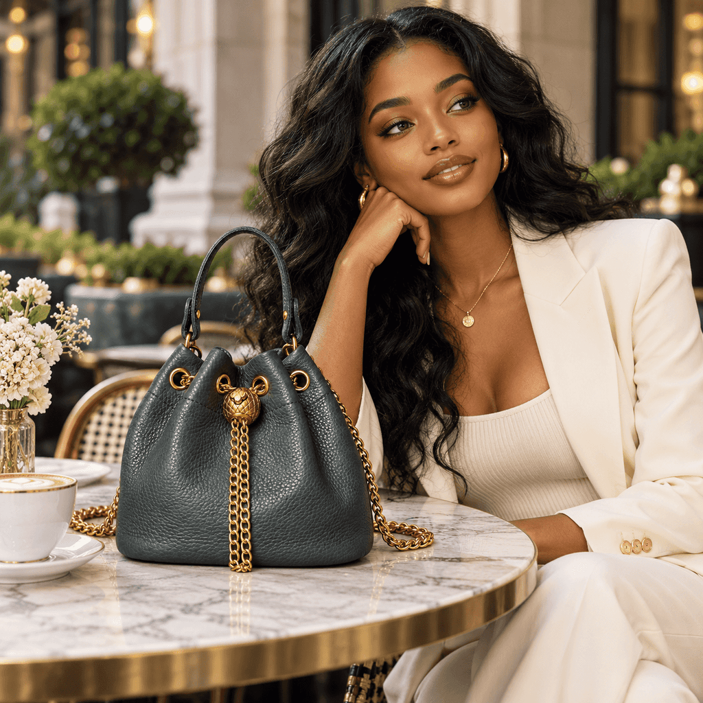 Women's Genuine First-Layer Cowhide Mini Bucket Bag - Gold Accent Hardware, Detachable Chain-Studded Strap, Crossbody/Shoulder Purse, Sleek Look, Fits Lipstick+Wallet, Multifunctional Multi-Way Fashion Accessory (Mini Things for Women)