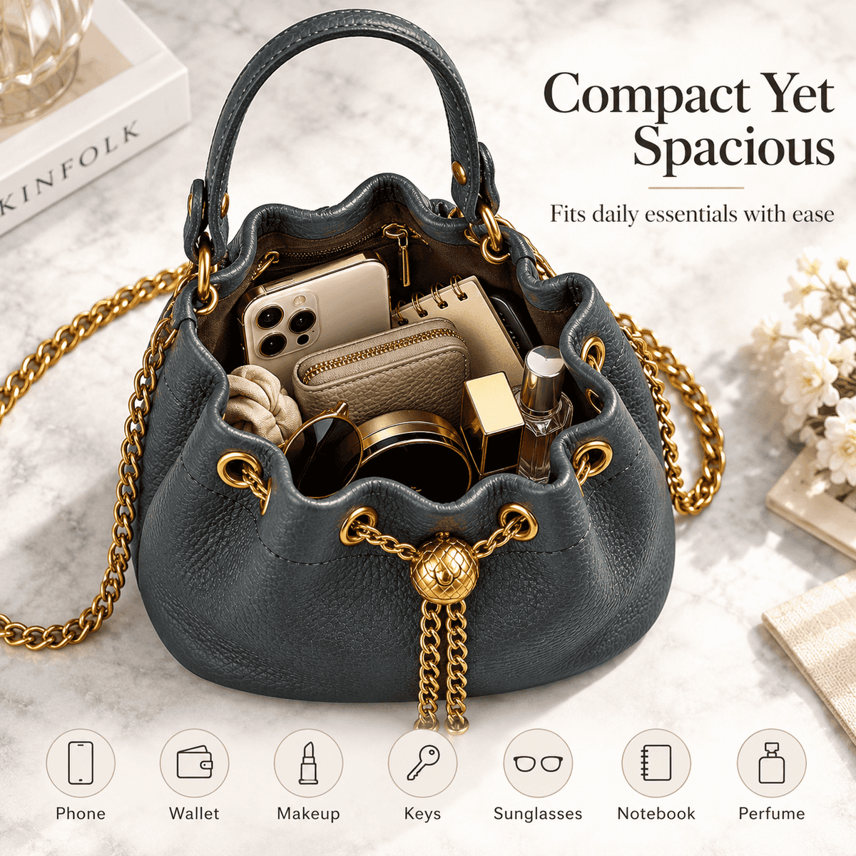 Women's Genuine First-Layer Cowhide Mini Bucket Bag - Gold Accent Hardware, Detachable Chain-Studded Strap, Crossbody/Shoulder Purse, Sleek Look, Fits Lipstick+Wallet, Multifunctional Multi-Way Fashion Accessory (Mini Things for Women)