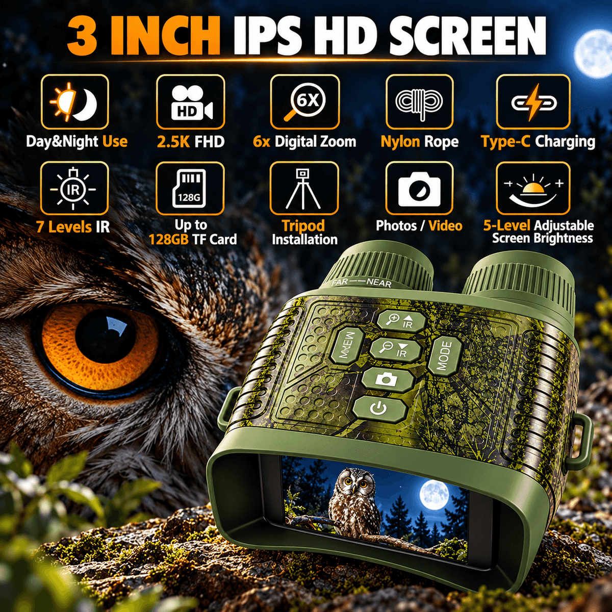 High Powered Night Vision Binoculars - 2000 mAh Battery, 7-Level Infrared, 6X Digital Zoom, Hunt Gear, Cool Outdoor Stuff, Unique Gifts for Man, Birthday Gift, Camping Accessories (Wildlife Observation, Hunting)
