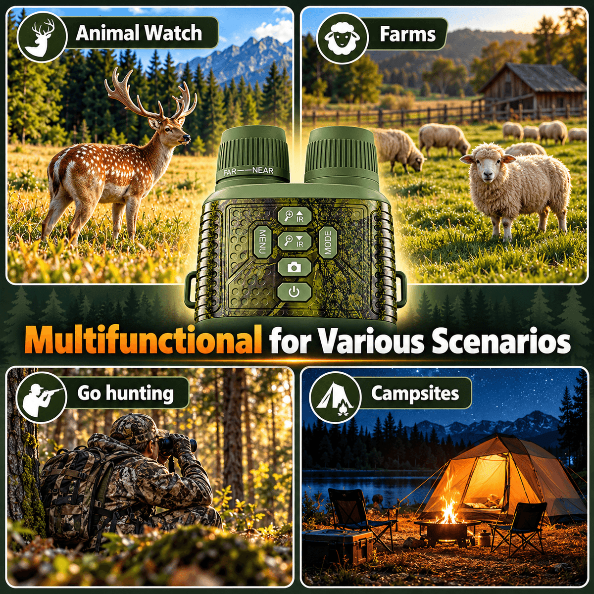 High Powered Night Vision Binoculars - 2000 mAh Battery, 7-Level Infrared, 6X Digital Zoom, Hunt Gear, Cool Outdoor Stuff, Unique Gifts for Man, Birthday Gift, Camping Accessories (Wildlife Observation, Hunting)