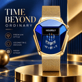 Men's Gold & Blue Luxury Business Sport Watch - Polygonal Case, Digital & Rotating Dial, Stainless Steel Mesh Strap, Water Resistant - The Successful Man's Choice, Perfect Gift for Him, A Symbol of Elegance, Ideal for Business Elite