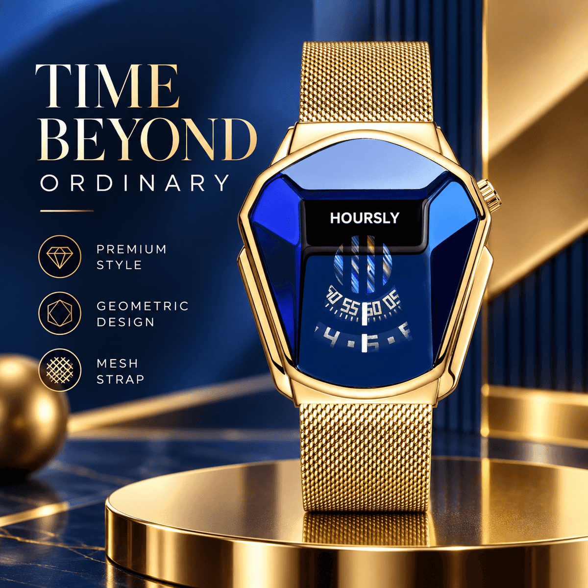 Men's Gold & Blue Luxury Business Sport Watch - Polygonal Case, Digital & Rotating Dial, Stainless Steel Mesh Strap, Water Resistant - The Successful Man's Choice, Perfect Gift for Him, A Symbol of Elegance, Ideal for Business Elite