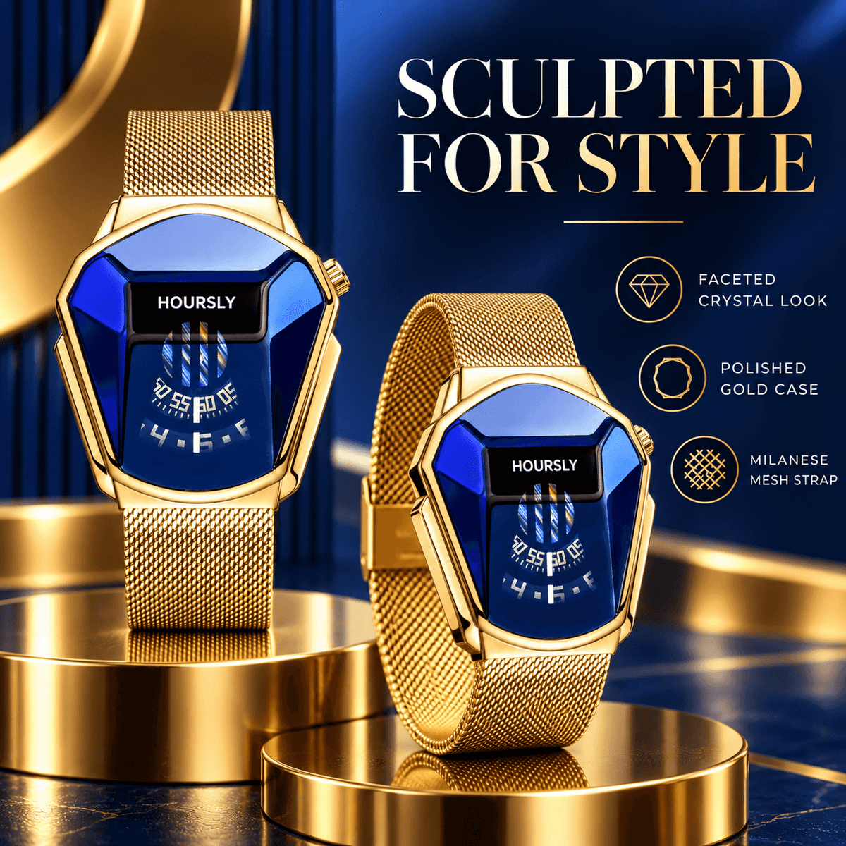 Men's Gold & Blue Luxury Business Sport Watch - Polygonal Case, Digital & Rotating Dial, Stainless Steel Mesh Strap, Water Resistant - The Successful Man's Choice, Perfect Gift for Him, A Symbol of Elegance, Ideal for Business Elite