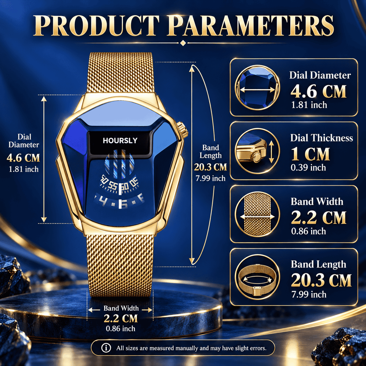 Men's Gold & Blue Luxury Business Sport Watch - Polygonal Case, Digital & Rotating Dial, Stainless Steel Mesh Strap, Water Resistant - The Successful Man's Choice, Perfect Gift for Him, A Symbol of Elegance, Ideal for Business Elite