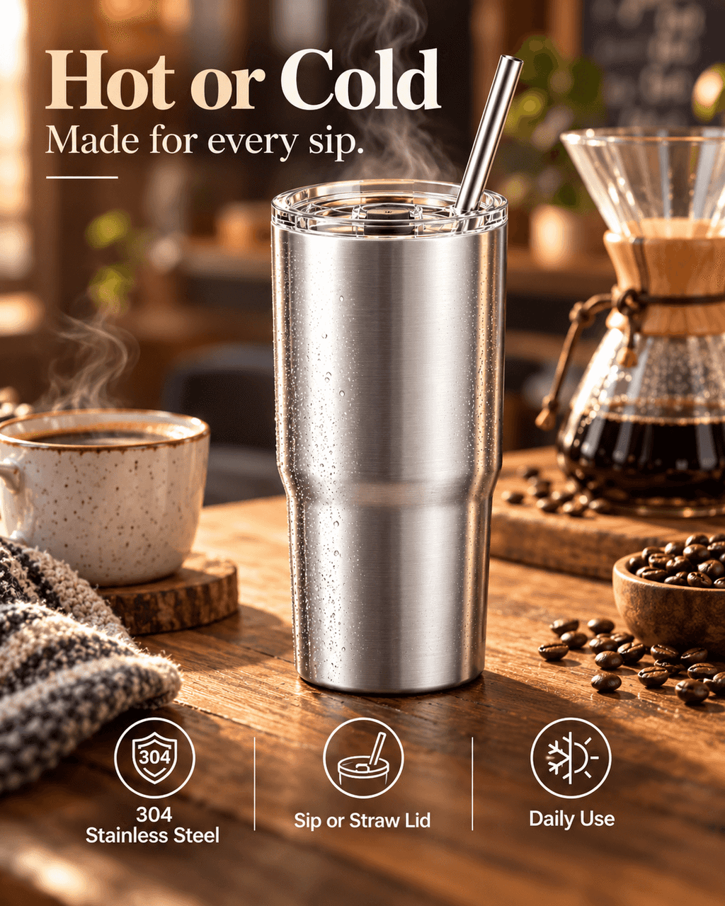 Men’s Stainless Steel Insulated Travel Tumbler – Large Capacity Hot & Cold Cup with Straw Lid, Durable Metal Drinkware for Daily Use & Travel