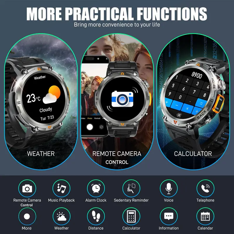 Rugged Wearable Smartwatch for Men - Electronic Gadgets with Call Receive/Dial, LED Flashlight, 3ATM Waterproof, 100+ Sports Modes, Pedometer, Durability, Motion Tracker Smart Watches, Camera Remote Ctrl (Swimming & Gift Compatible)