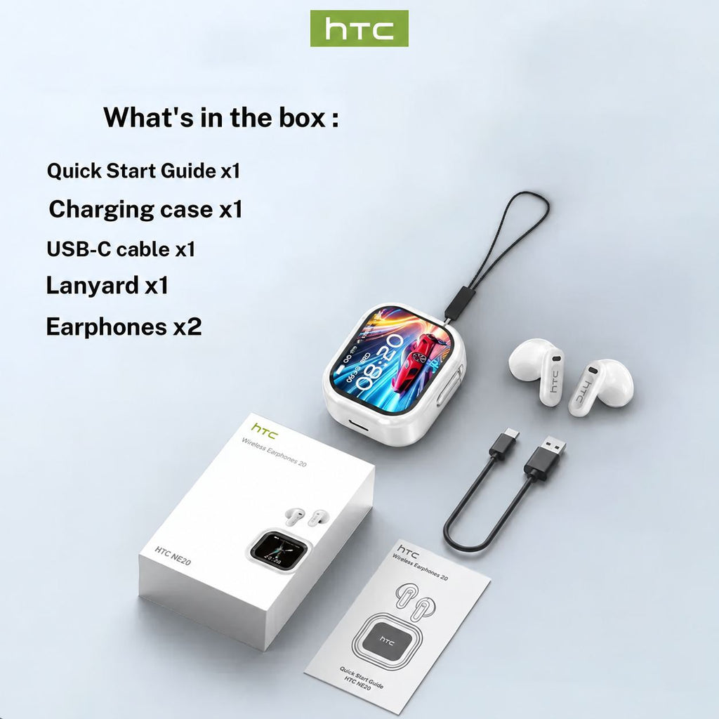 hTC NE20 True Wireless Bluetooth 6.0 Headphones - Wireless Earphones, Audio Electronic Device, Gaming Use, LCD Display, Touch Control, Callready Mic, Water Resistant, Volume Ctrl, Included Batteries, Cellphone Compatible