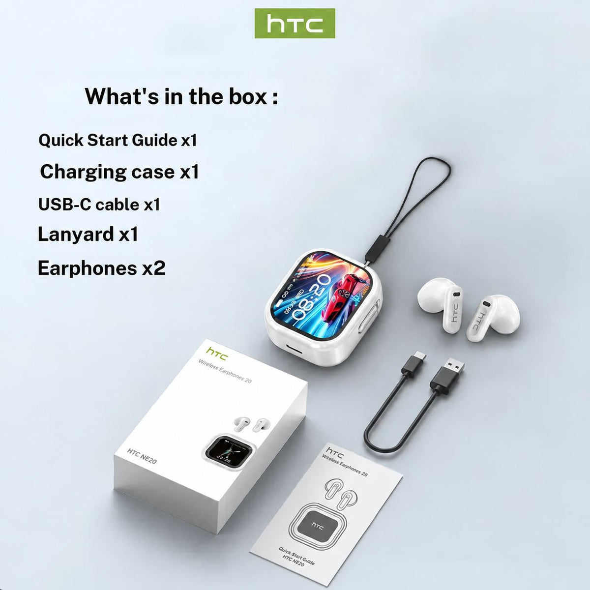 hTC NE20 True Wireless Bluetooth 6.0 Headphones - Wireless Earphones, Audio Electronic Device, Gaming Use, LCD Display, Touch Control, Callready Mic, Water Resistant, Volume Ctrl, Included Batteries, Cellphone Compatible