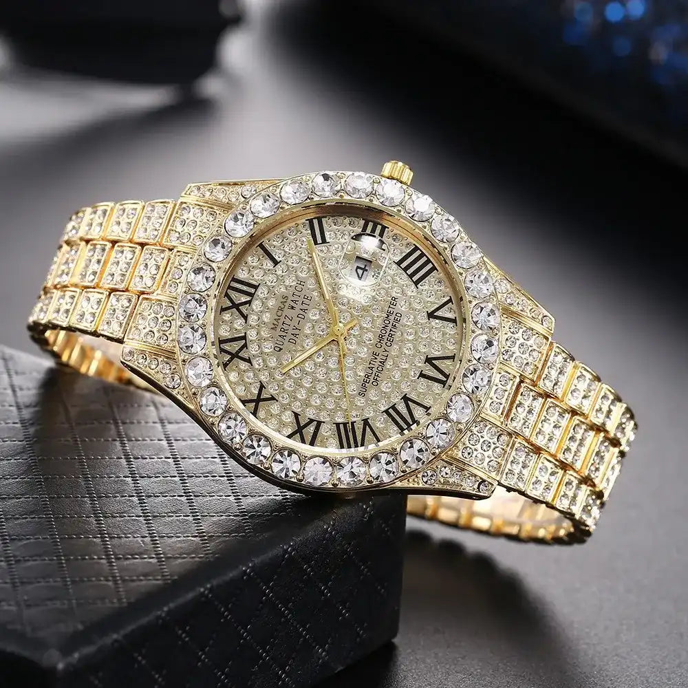 Men's Hiphop Iced Out Rhinestone Watch, 10 in Plated Metal Cuban Chain Band with Roman Numerals, Statement Jewelry Accessories, Birthday Gifts for Him, Men's Stuff