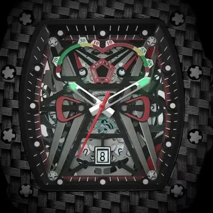 Men's Red Silicone Sports Watch - Carbon Fiber Barrel Case, Skeleton Dial with Red Accents, Date Display, Cool Streetwear Wristwatch
