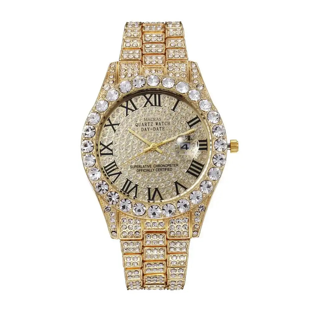 Men's Hiphop Iced Out Rhinestone Watch, 10 in Plated Metal Cuban Chain Band with Roman Numerals, Statement Jewelry Accessories, Birthday Gifts for Him, Men's Stuff