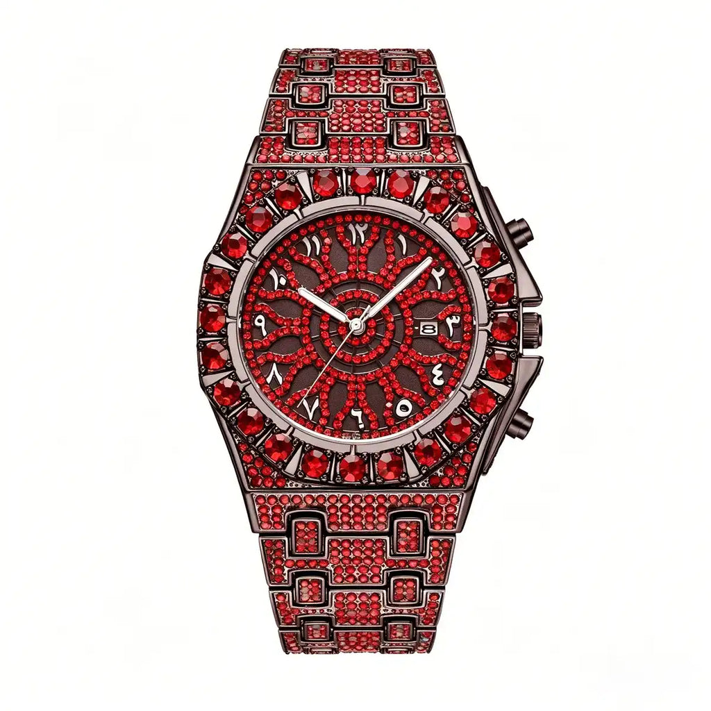 Men's Quartz Watch with Rhinestones, Luxury Ice-Dial Hip-Hop Watch with Full Artificial Water Diamonds, Rhinestone Decorated Watch, Fashionable Stylish Watch
