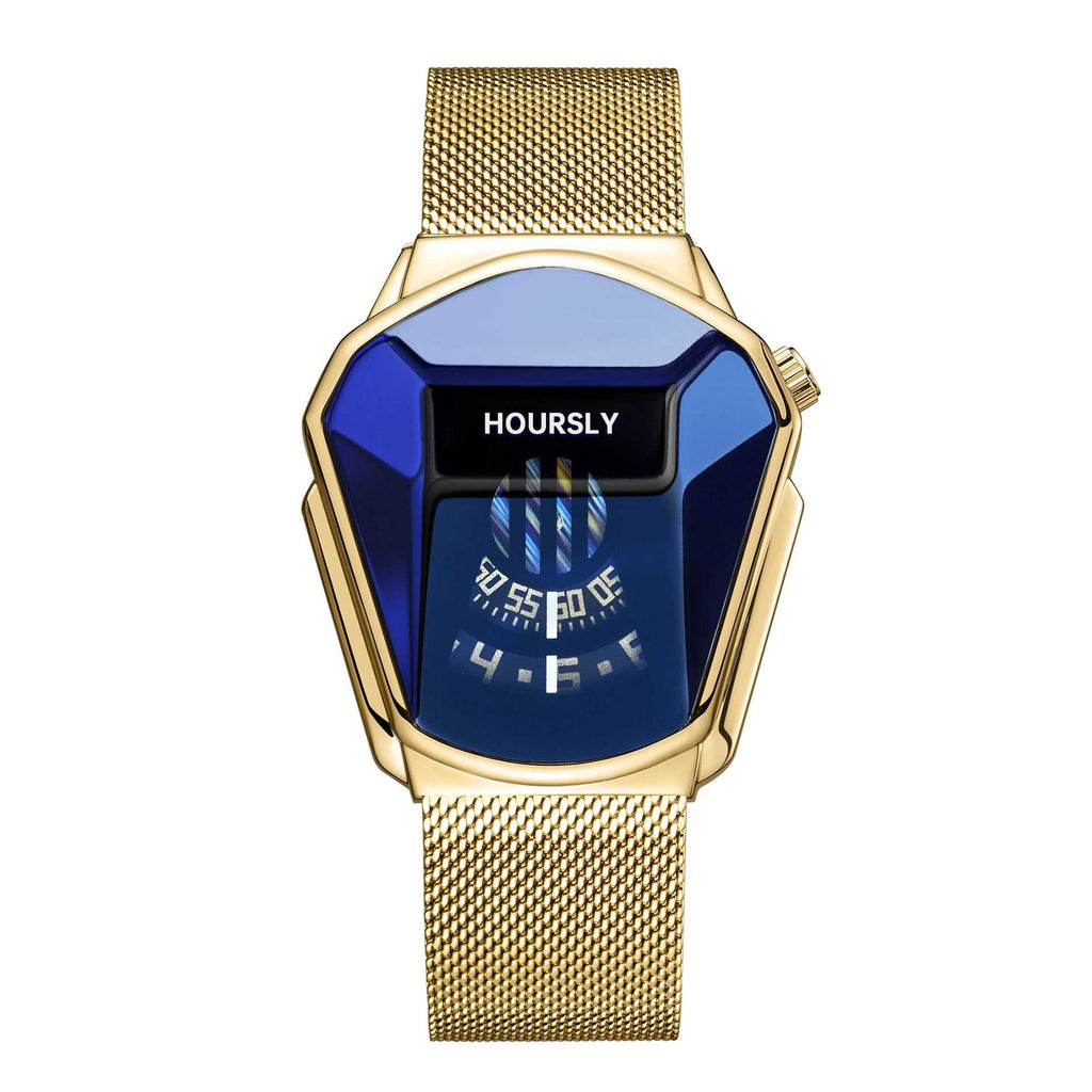 Men's Gold & Blue Luxury Business Sport Watch - Polygonal Case, Digital & Rotating Dial, Stainless Steel Mesh Strap, Water Resistant - The Successful Man's Choice, Perfect Gift for Him, A Symbol of Elegance, Ideal for Business Elite