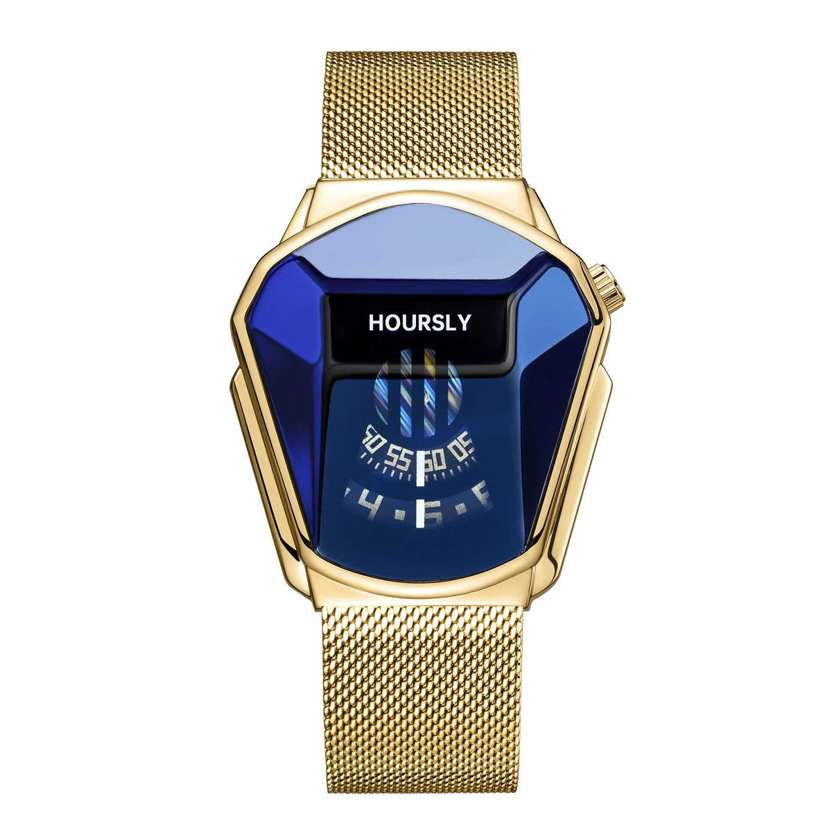 Men's Gold & Blue Luxury Business Sport Watch - Polygonal Case, Digital & Rotating Dial, Stainless Steel Mesh Strap, Water Resistant - The Successful Man's Choice, Perfect Gift for Him, A Symbol of Elegance, Ideal for Business Elite