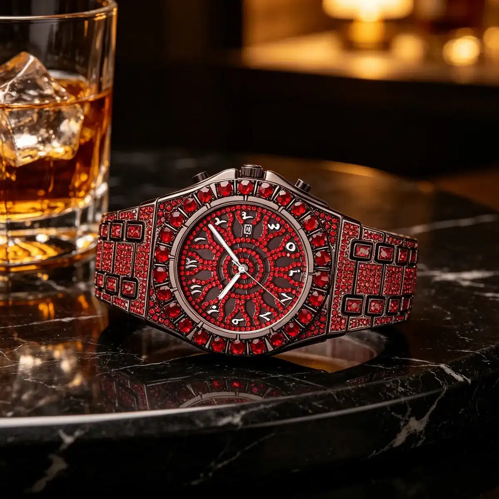 Men's Quartz Watch with Rhinestones, Luxury Ice-Dial Hip-Hop Watch with Full Artificial Water Diamonds, Rhinestone Decorated Watch, Fashionable Stylish Watch
