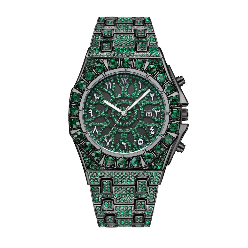 Green Men's Quartz Watch with Rhinestones, Luxury Ice-Dial Hip-Hop Watch with Full Artificial Water Diamonds, Rhinestone Decorated Watch, Fashionable Stylish Watch