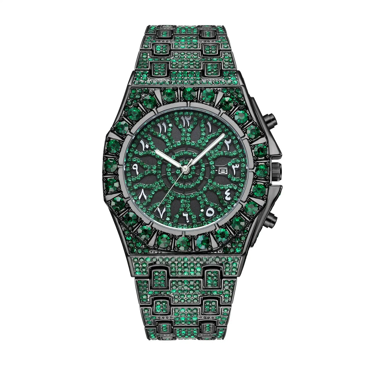 Green Men's Quartz Watch with Rhinestones, Luxury Ice-Dial Hip-Hop Watch with Full Artificial Water Diamonds, Rhinestone Decorated Watch, Fashionable Stylish Watch