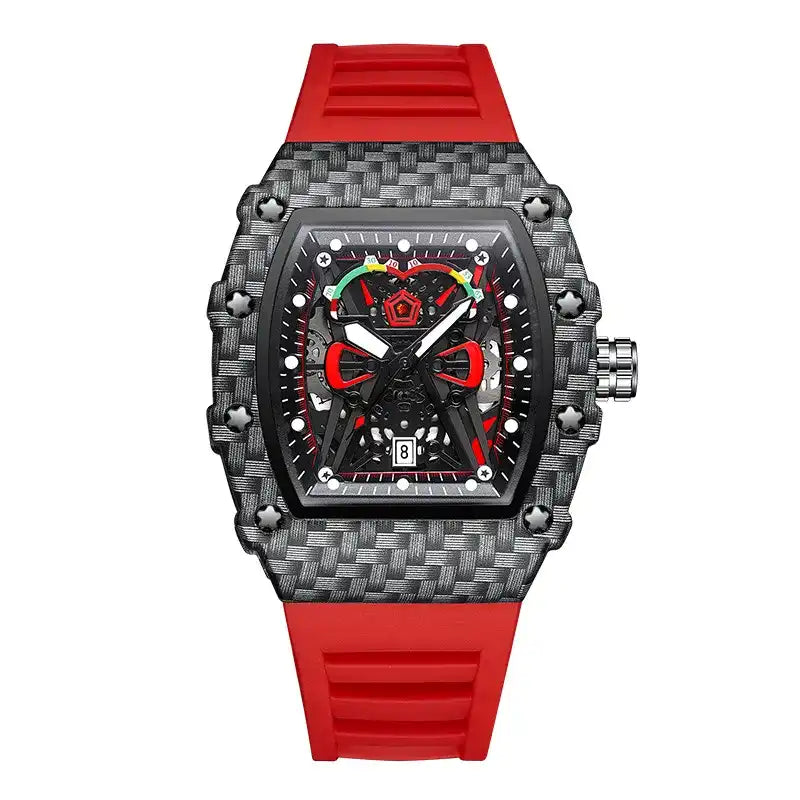 Men's Red Silicone Sports Watch - Carbon Fiber Barrel Case, Skeleton Dial with Red Accents, Date Display, Cool Streetwear Wristwatch