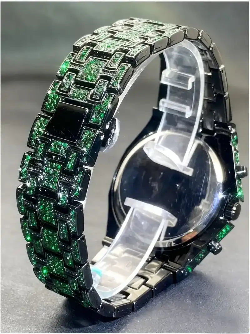 Green Men's Quartz Watch with Rhinestones, Luxury Ice-Dial Hip-Hop Watch with Full Artificial Water Diamonds, Rhinestone Decorated Watch, Fashionable Stylish Watch