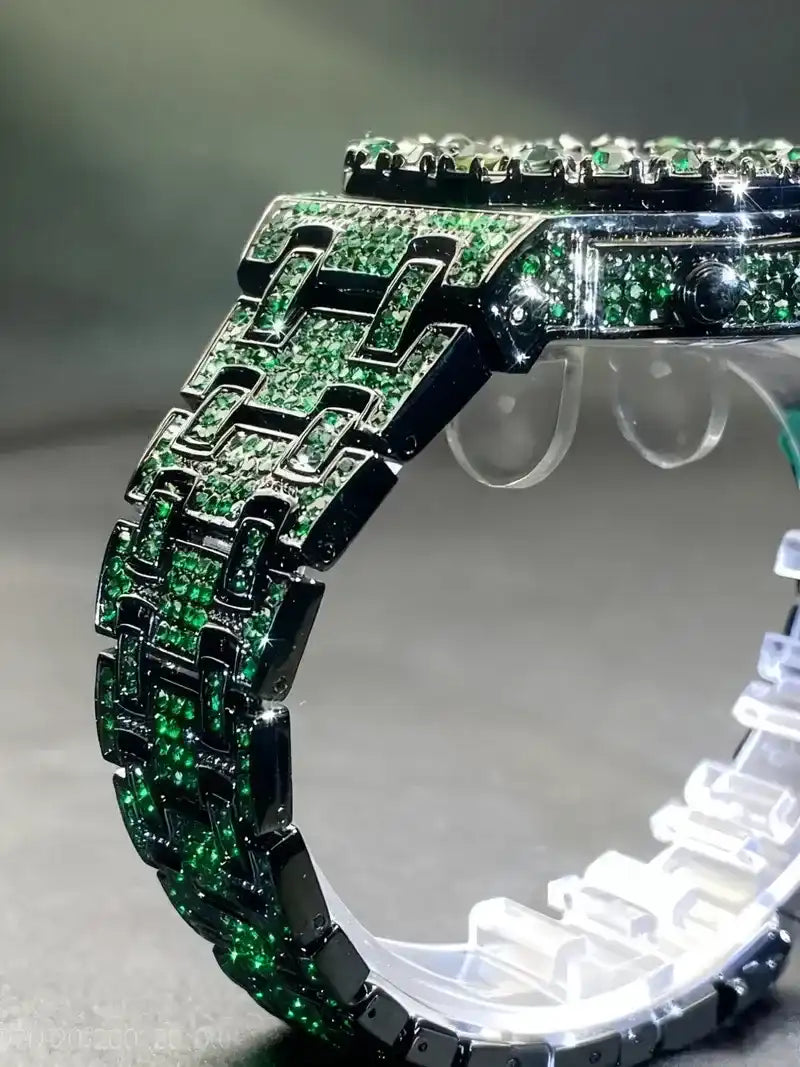 Green Men's Quartz Watch with Rhinestones, Luxury Ice-Dial Hip-Hop Watch with Full Artificial Water Diamonds, Rhinestone Decorated Watch, Fashionable Stylish Watch