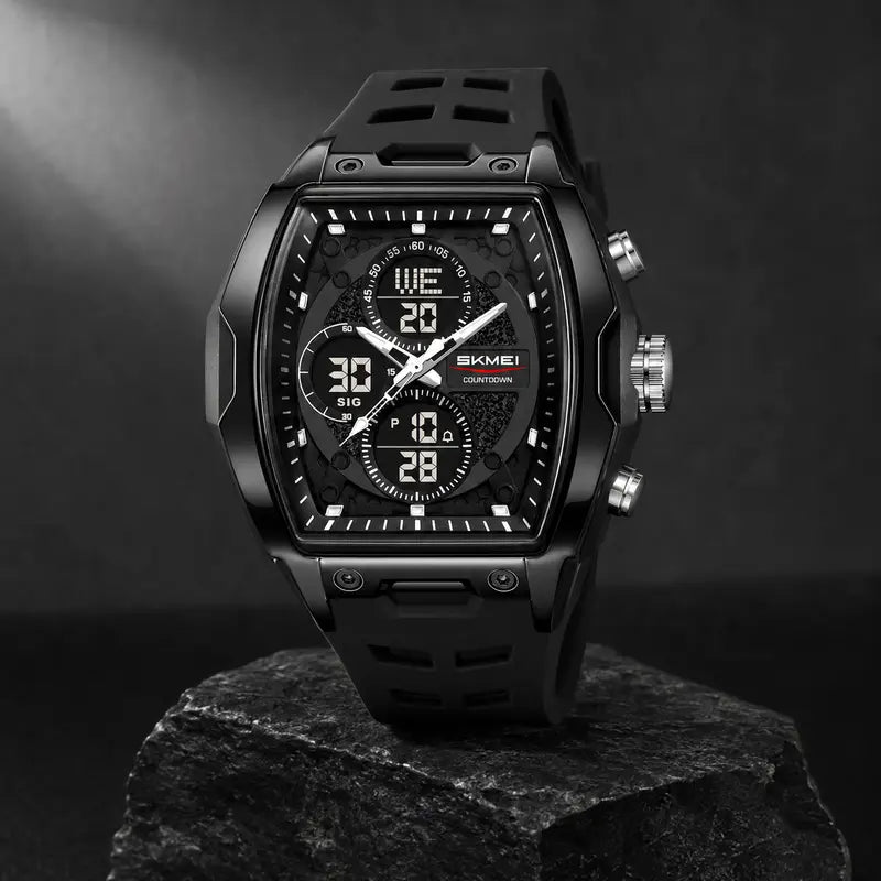 SKMEI Unisex Large Size Barrel-Style Plastic Ana-Digi Hybrid Display Skeleton Digital Wristwatch, Wide Silicone Band, Backlit LED, Stopwatch, Alarm, ABS-Resin Build for Work & Daily Wear