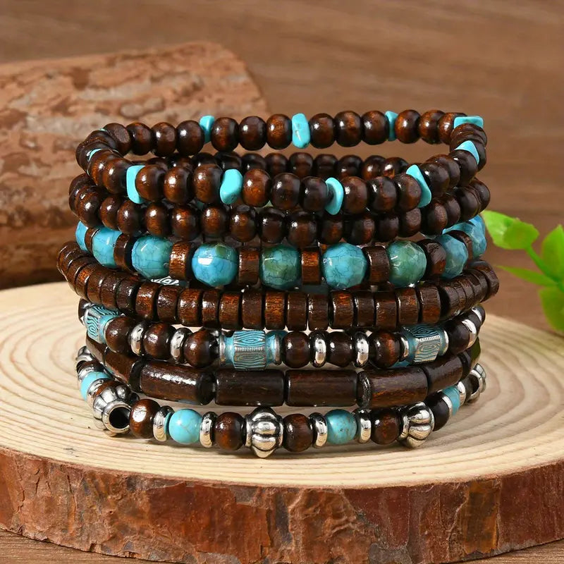 7Pcs Bohemian Retro Unisex Bracelet Set | Handmade Coconut Shell & Wood Beads with Turquoise Accents | Perfect for Daily Wear & Gift
