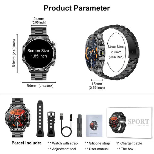 1.85-Inch Large-Screen Smartwatch with Call Answering, Calling, and Message Reminders, Wireless Multifunctional Smart Watch with Spare Silicone Band and Multiple Sports Modes for Men