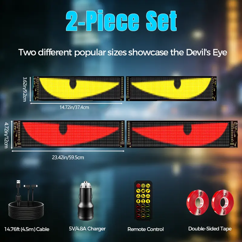 Devil's Eye High-Brightness LED Windshield Display, 15*4''/23*5'' Programmable LED Matrix Panel, Ojos Led Para Carro, USB-Powered with Remote & App Control for Sedans, SUVs & Medium Trucks