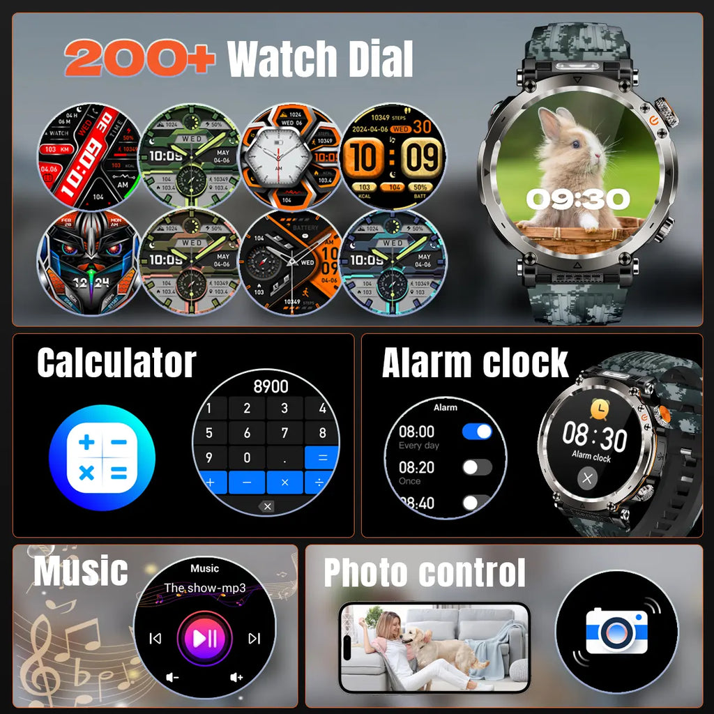New 2026 Manly Style Smart Sports Watch LED Lights Wireless Calling Message Reminders Sports Mode Voice Assistant Weather Push Stopwatch Timer Smartwatch For Men Compatible With Android iPhone Phones