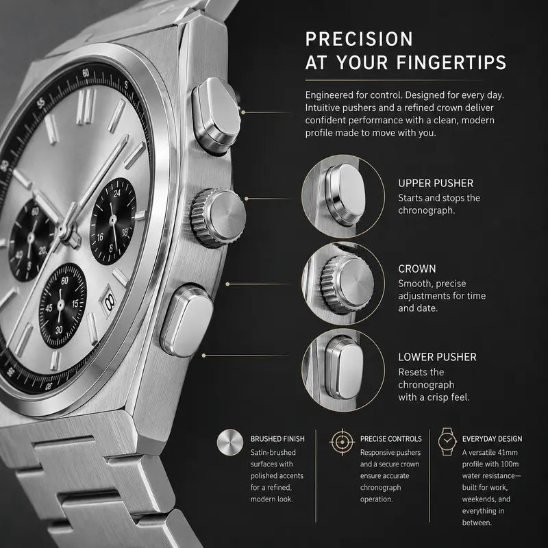 Men's Casual Business Analog Chronograph Watch, Classic Stainless Steel Metal Band, Quartz Movement, Analog Face, Round Shape, Mineral Glass, Calendar Date Display, 30M-50M Water Resistant, Clasp Closure