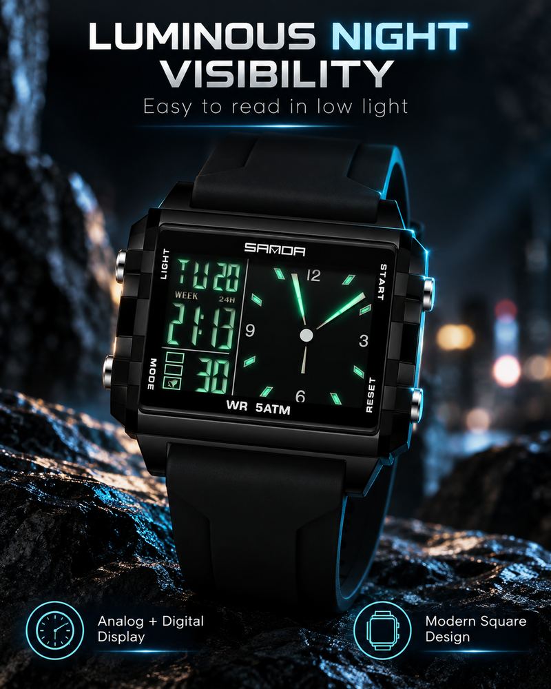 Unisex Analog-Digital Fashion Watch, Waterproof Luminous Multi-Function Youth Style Watch with Countdown Timer, Perfect for Casual Wear