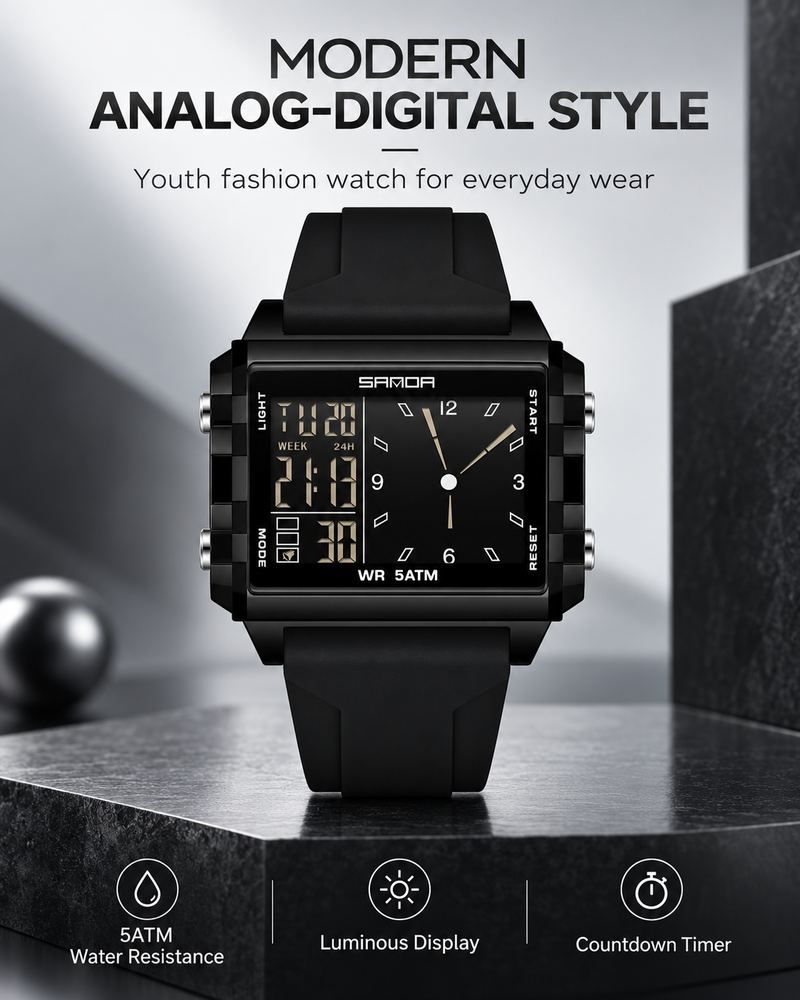 Unisex Analog-Digital Fashion Watch, Waterproof Luminous Multi-Function Youth Style Watch with Countdown Timer, Perfect for Casual Wear