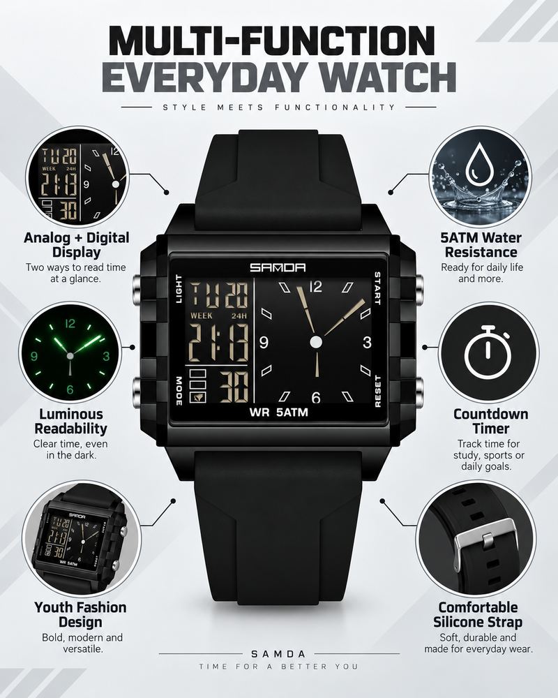Unisex Analog-Digital Fashion Watch, Waterproof Luminous Multi-Function Youth Style Watch with Countdown Timer, Perfect for Casual Wear