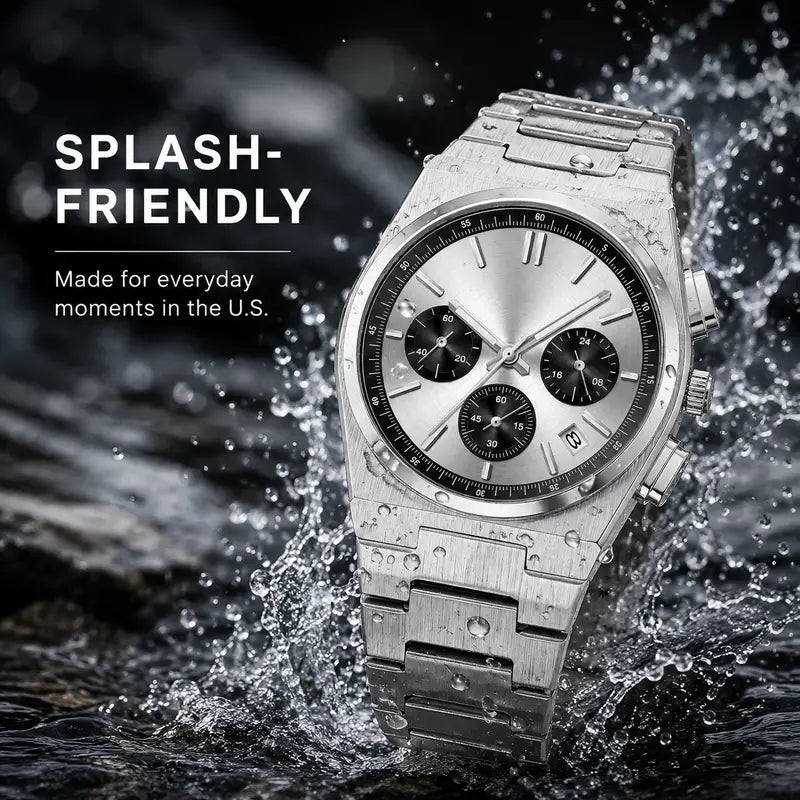 Men's Casual Business Analog Chronograph Watch, Classic Stainless Steel Metal Band, Quartz Movement, Analog Face, Round Shape, Mineral Glass, Calendar Date Display, 30M-50M Water Resistant, Clasp Closure